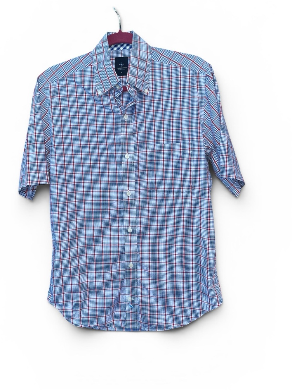 Tailorbyrd Blue and Red Checked Short Sleeve Button-Down Shirt